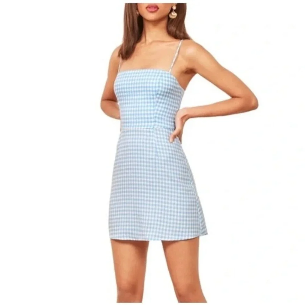 Reformation Preston Gingham Dress Baby Blue Spaghetti Strap Mini Size 0‎